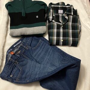 NWT Izod Boys 10/12 sweater/long sleeve Buttondown shirt set + CP jeans 12